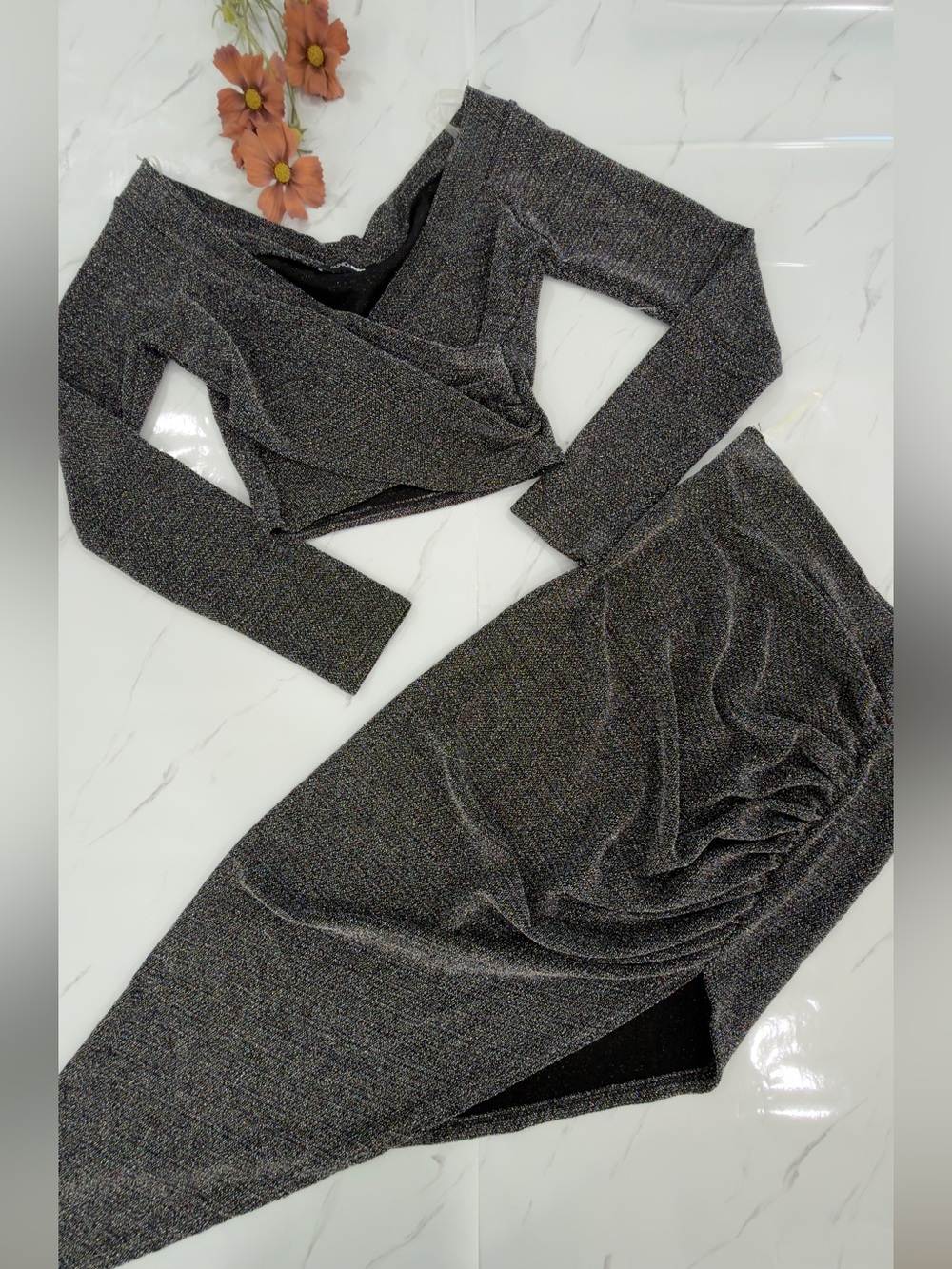 Fashion Nova Silver Charcoal Shimmer Ruched High-Slit Midi Skirt and top